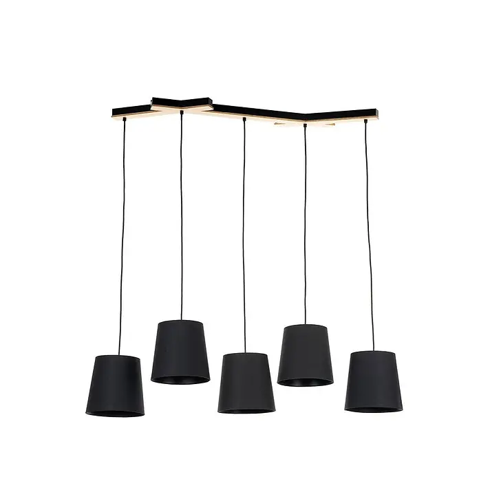 Lucande Pendelleuchte Thamila - L x B x H: 113 x 53 x 21 cm, schwarz, Schwarz, holz hell, E27 - Fünfflammige Pendelleuchte mit schwarzen, konischen Textilschirmen und einer geometrischen Deckenhalterung aus Schwarz und hellem Holz.