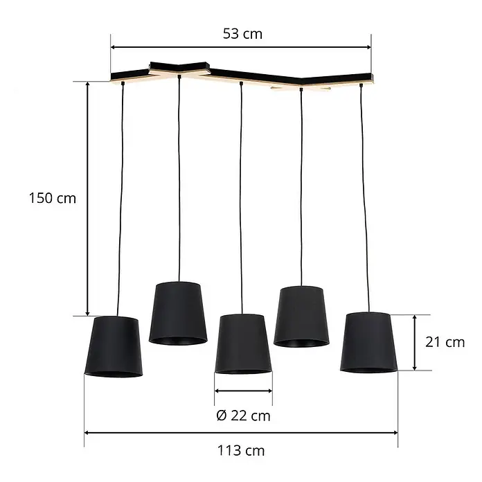 Lucande Pendelleuchte Thamila - L x B x H: 113 x 53 x 21 cm, schwarz, Schwarz, holz hell, E27 - Fünfflammige Pendelleuchte mit schwarzen Stoffschirmen, aufgehängt an einer Deckenleiste aus Holz und schwarzem Metall.