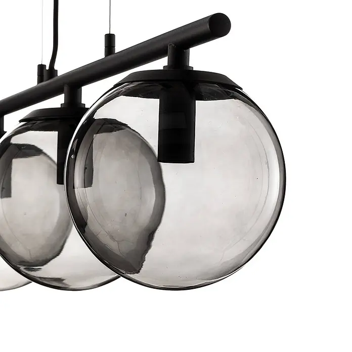 Lucande Pendelleuchte Sotiana - alu / grau / zink, rauchgrau, Schwarz, E14 - Moderne Mehrflammen-Hängeleuchte mit rauchfarbenen Glaskugelschirmchen und schwarzer Metallstange.