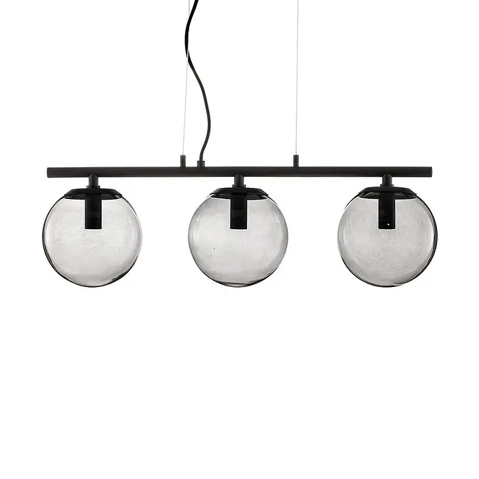 Lucande Pendelleuchte Sotiana - alu / grau / zink, rauchgrau, Schwarz, E14 - Schwarze lineare Pendelleuchte mit drei Klarglas-Kugel-Schirmen.