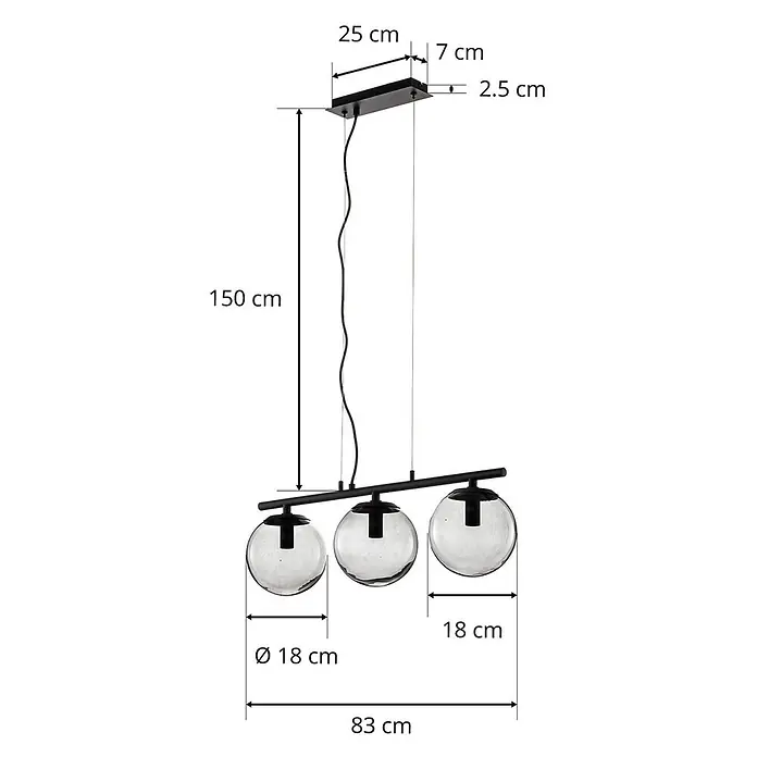 Lucande Pendelleuchte Sotiana - alu / grau / zink, rauchgrau, Schwarz, E14 - Schwarze Pendelleuchte mit drei runden Klarglasschirmen, von einem rechteckigen Baldachin abgehängt.
