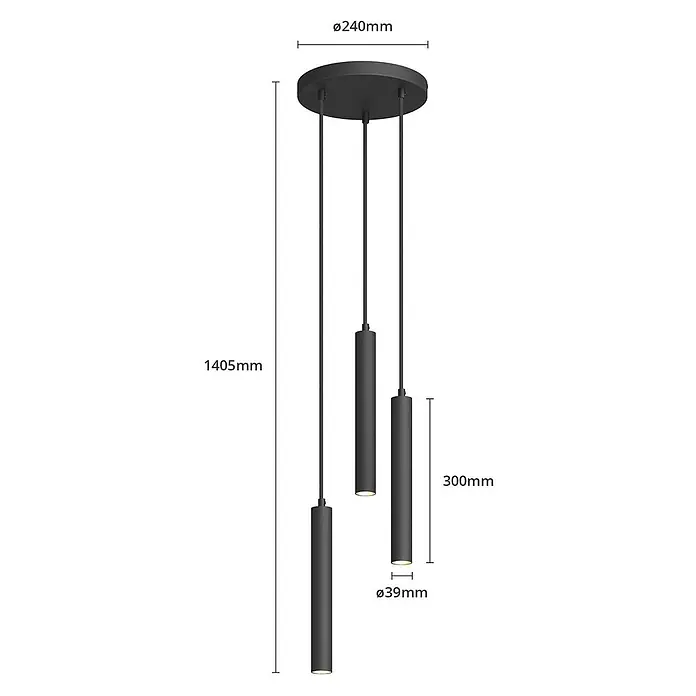 Arcchio Pendelleuchte Franka - L x B x H: 24 x 24 x 30 cm, schwarz, Schwarz (RAL 9005) - Mattschwarze Dreifach-Pendelleuchte mit schlanken zylindrischen Lampen und runder Deckenplatte.