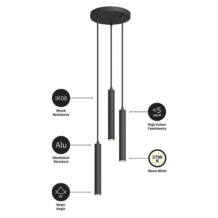 Arcchio Pendelleuchte Franka - L x B x H: 24 x 24 x 30 cm, schwarz, Schwarz (RAL 9005) - Schwarze Aluminium-Pendelleuchte mit drei zylindrischen Lampen, die von einer runden Basis hängen und warmweißes 2700K Licht abgeben.