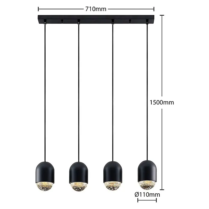 Lucande Pendelleuchte Amielle - L x B x H: 71 x 11 x 17 cm, schwarz, Schwarz, klar, GU10 - Schwarze Pendelleuchte mit vier Lampen und strukturierten Glaskugeln.