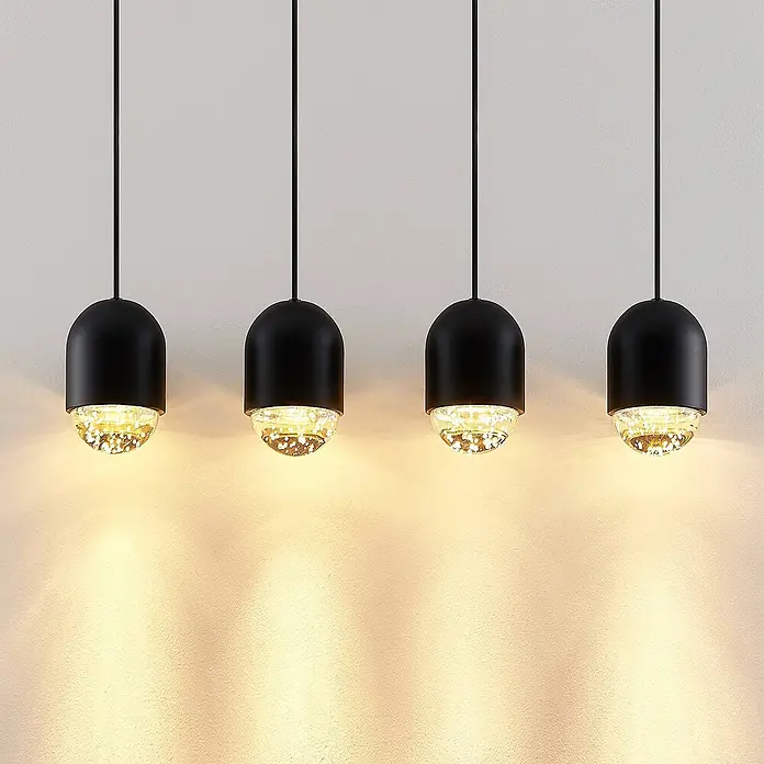 Lucande Pendelleuchte Amielle - L x B x H: 71 x 11 x 17 cm, schwarz, Schwarz, klar, GU10 - Vier moderne schwarze Pendelleuchten mit strukturierten Glasdiffusoren, die warmes Licht abstrahlen.