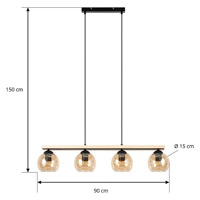Lindby Pendelleuchte Enrique - creme / amber, amber, Schwarz, eiche hell, E27 - Vierflammige Pendelleuchte mit Holzleiste und runden bernsteinfarbenen Glasschirmen.