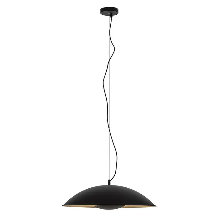 Lindby Pendelleuchte Emilienne - L x B x H: 60 x 60 x 120 cm, schwarz, Schwarz, gold, E27 - Schwarze scheibenförmige Pendelleuchte mit goldener Innenseite, von einer Deckenplatte hängend.