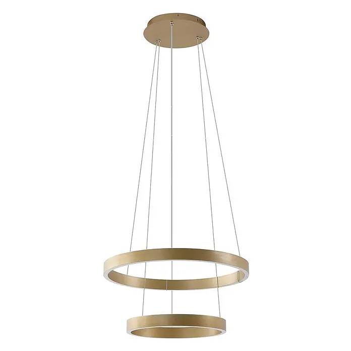 Lucande Pendelleuchte Yonam - messing / gold, gold - Moderner goldfarbener LED-Kronleuchter mit zwei konzentrischen Ringen, an Drähten von einer runder Deckenhalterung hängend.