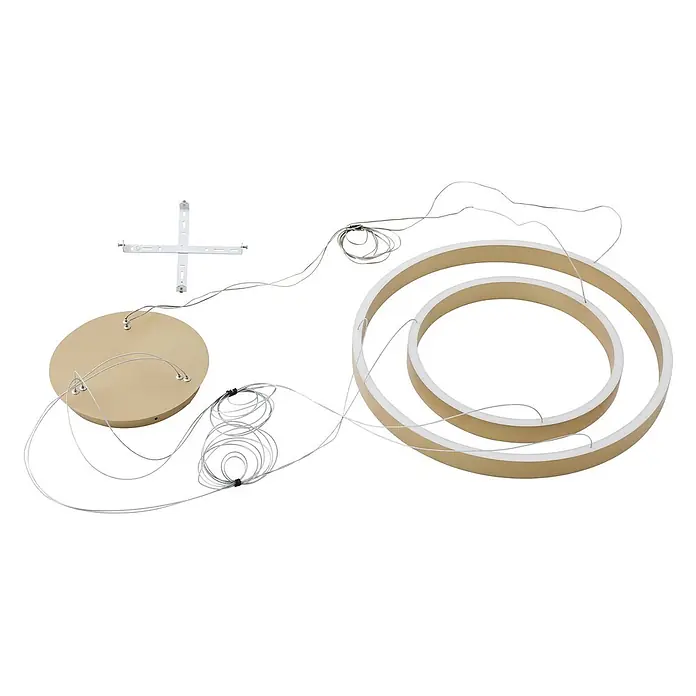 Lucande Pendelleuchte Yonam - messing / gold, gold - Demontierte moderne LED-Pendelleuchte mit zwei konzentrischen Goldringen, Aufhängeseilen und Deckenbefestigung.