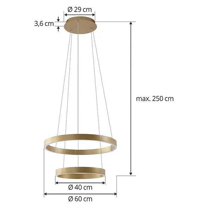 Lucande Pendelleuchte Yonam - messing / gold, gold - Goldfarbene Metall-Pendelleuchte mit zwei Ringen, Maße abgebildet.