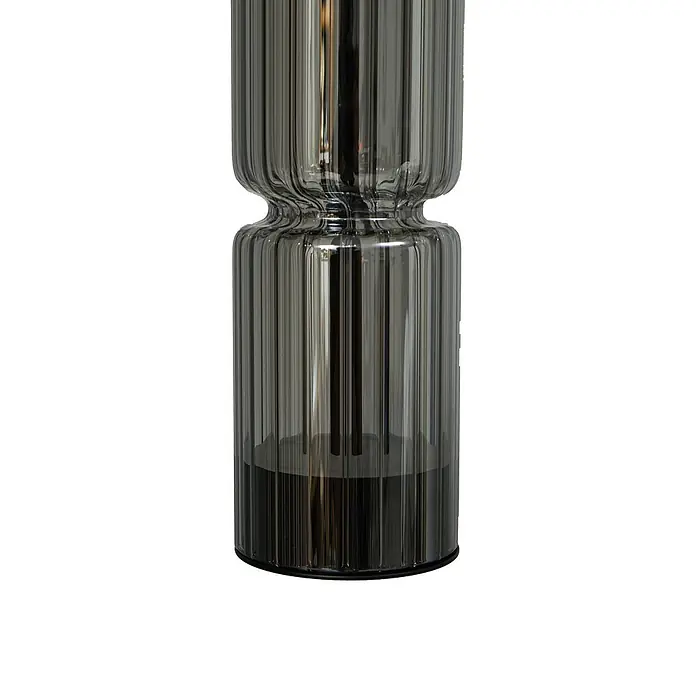 Lucande Pendelleuchte Christelle - L x B x H: 8 x 8 x 58 cm, alu / grau / zink, rauchgrau, Schwarz - Gerippte Vase aus Rauchglas mit verjüngter Mitte.