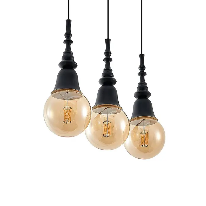 Lucande Pendelleuchte Gesja - L x B x H: 63,5 x 13,5 x 32,5 cm, Schwarz, E27 - Drei schwarze und bernsteinfarbene Glaskugel-Pendelleuchten mit dekorativen Fassungen und sichtbaren Filamenten.