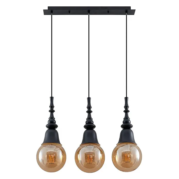 Lucande Pendelleuchte Gesja - L x B x H: 63,5 x 13,5 x 32,5 cm, Schwarz, E27 - Dreiflammige Pendelleuchte mit schwarzem Baldachin, schwarzen, verzierten Lampenfassungen und runden bernsteinfarbenen Glasschirmen mit Glühfäden.