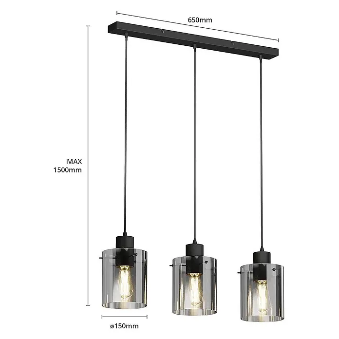 Lindby Pendelleuchte Kourtney - alu / grau / zink, Schwarz, rauchgrau, E27 - Schwarze 3-flammige Pendelleuchte mit rechteckiger Schiene und klaren zylindrischen Glasschirmen.