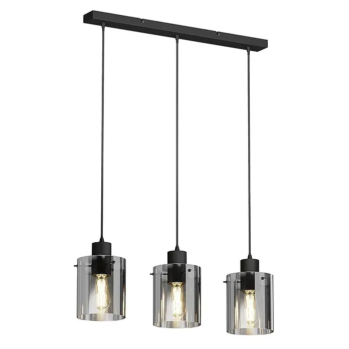 Lindby Pendelleuchte Kourtney - alu / grau / zink, Schwarz, rauchgrau, E27 - Dreiflammige Pendelleuchte mit schwarzer Stange, schwarzen Kabeln und zylindrischen Klarglasschirmen mit warmen Edison-Glühbirnen.