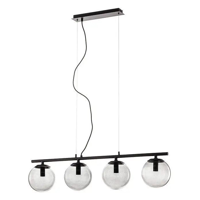 Lucande Pendelleuchte Sotiana - L x B x H: 96 x 18 x 18 cm, alu / grau / zink, rauchgrau, Schwarz, E14 - Schwarze lineare Pendelleuchte mit vier klaren Glaskugeln, von einer rechteckigen Deckenplatte abgehängt.
