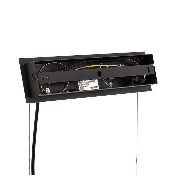 Lucande Pendelleuchte Sotiana - L x B x H: 96 x 18 x 18 cm, alu / grau / zink, rauchgrau, Schwarz, E14 - Schwarze rechteckige Leuchte mit Innenverkabelung, einem Lucande-Etikett mit E14 4x max. 40W und Aufhängedrähten.