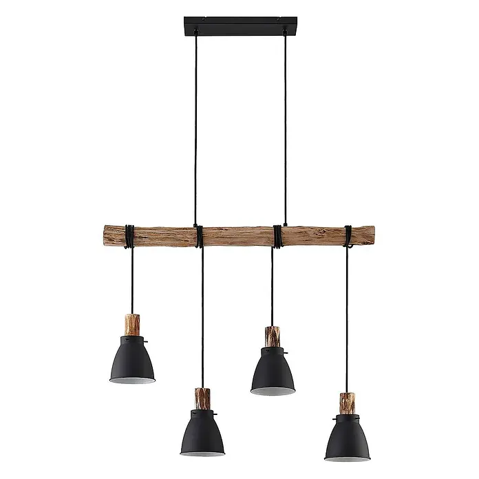 Lindby Pendelleuchte Trebale - L x B x H: 90 x 15 x 28 cm, schwarz, Schwarz, holz hell, E14 - Lineare Pendelleuchte aus Holz und Schwarz mit vier schwarzen Metallschirmen an einem rustikalen Holzbalken.