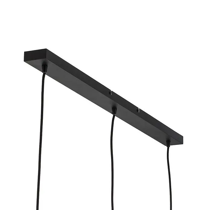 Lindby Pendelleuchte Marla - L x B x H: 102,5 x 28 x 28 cm, alu / grau / zink, rauchgrau, E27 - Schwarze lineare Deckenplatte für drei Pendelleuchten mit schwarzen Kabeln.