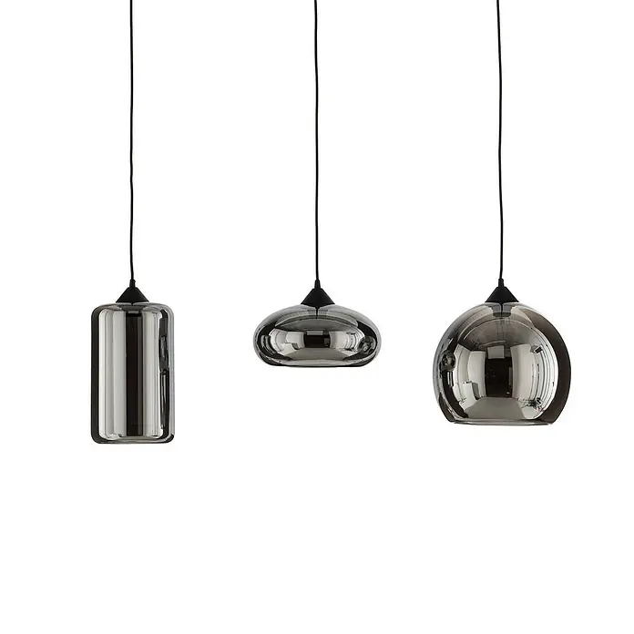 Lindby Pendelleuchte Marla - L x B x H: 102,5 x 28 x 28 cm, alu / grau / zink, rauchgrau, E27 - Drei Pendelleuchten mit rauchgrauen, verspiegelten Glasschirmen in zylindrischer, organischer und kugelförmiger Form.