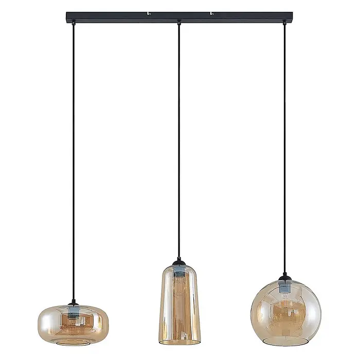 Lucande Pendelleuchte Wilja - creme / amber, Schwarz, amber, E27 - Dreiflammige Pendelleuchte mit bernsteinfarbenen Glasschirmen in verschiedenen Formen an schwarzer Leiste.