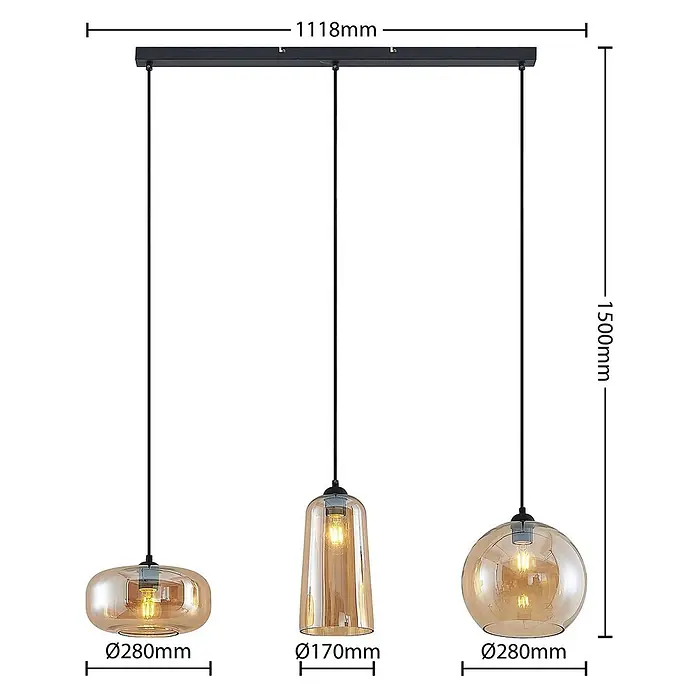 Lucande Pendelleuchte Wilja - creme / amber, Schwarz, amber, E27 - Eine 3-flammige Pendelleuchte mit schwarzer Aufhängung und drei bernsteinfarbenen Glasschirmen in unterschiedlichen Formen, Maßangaben inklusive.