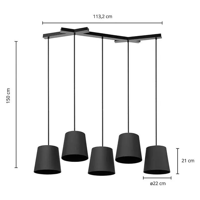 Lucande Pendelleuchte Thamila - L x B x H: 113 x 53 x 21 cm, schwarz, Schwarz, E27 - Schwarze fünfflammige Pendelleuchte mit fünf schwarzen Stoffschirmen. Gesamtlänge 113,2 cm, Gesamthöhe 150 cm.