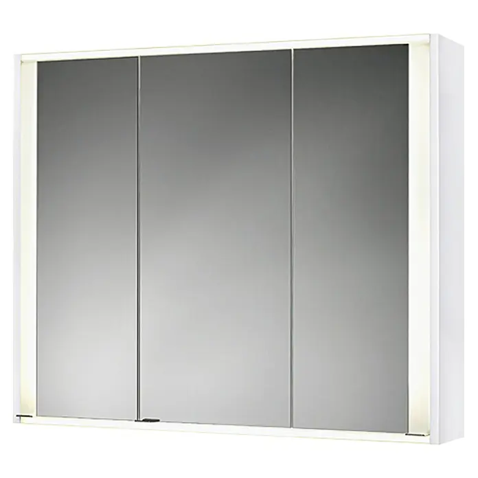 Riva LED-Spiegelschrank Faris - B x H: 83,5 x 70 cm, Holz, Weiß - Ein weißer Spiegelschrank mit drei Türen und integrierter Beleuchtung für das Badezimmer. Ideal für die Aufbewahrung von Badartikeln.