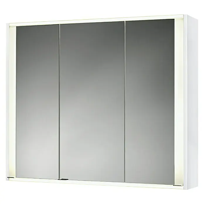 Riva LED-Spiegelschrank Faris - B x H: 83,5 x 70 cm, Holz, Weiß - Ein weißer Spiegelschrank mit drei Türen und integrierter Beleuchtung für das Badezimmer. Ideal für die Aufbewahrung von Badartikeln.