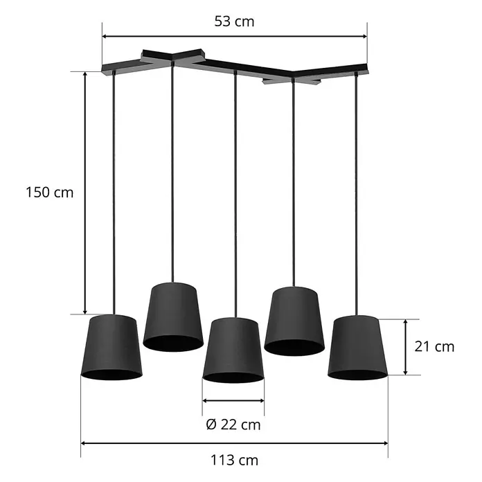 Lucande Pendelleuchte Thamila - L x B x H: 113 x 53 x 21 cm, schwarz, Schwarz, E27 - Schwarze 5-flammige Pendelleuchte mit Stoffschirmen und linearer Aufhängung. Maße sind angegeben.