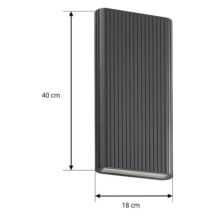 Lucande Außenwandleuchte Raija - 7,5 x 15 x 40 cm, alu / grau / zink, IP54 - Dunkelgraue, vertikal gerippte Wandleuchte, 40 cm hoch und 18 cm breit.