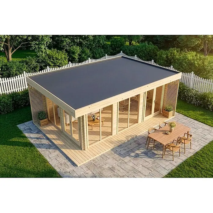 Alpholz Gartenhaus Viva B - Außenmaß inkl. Dachüberstand (B x T): 668 x 472 cm, Holz, Naturbelassen - Modernes Gartenhaus aus hellem Holz mit dunklem Flachdach, Glastüren und Sitzgelegenheiten im Freien auf der Terrasse.