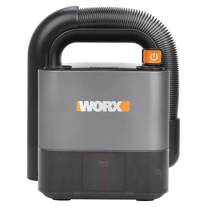 Worx PowerShare 20V Akku-Handstaubsauger WX030.9 - 20 V - Grauer WORX Handstaubsauger mit schwarzem Schlauch/Griff, transparentem Staubbehälter und orangefarbenem Ein-/Ausschalter.