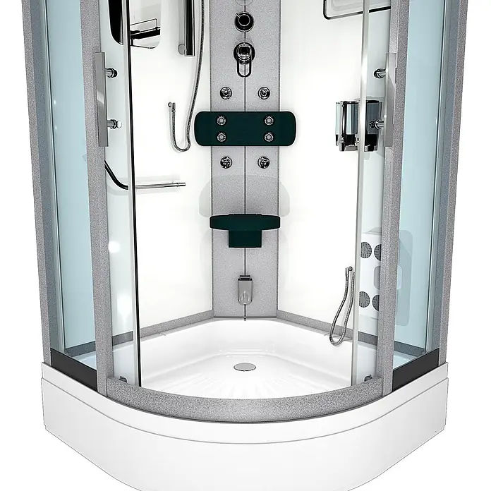 AcquaVapore Komplettdusche Dampfdusche D46-50T2 - 90 x 90 x 225 cm, Weiß - Eckduschkabine mit mattiertem Glas, grauem Glitzerrahmen, weißer Wanne und dunkelgrüner Sitzfläche und Massagedüsen.
