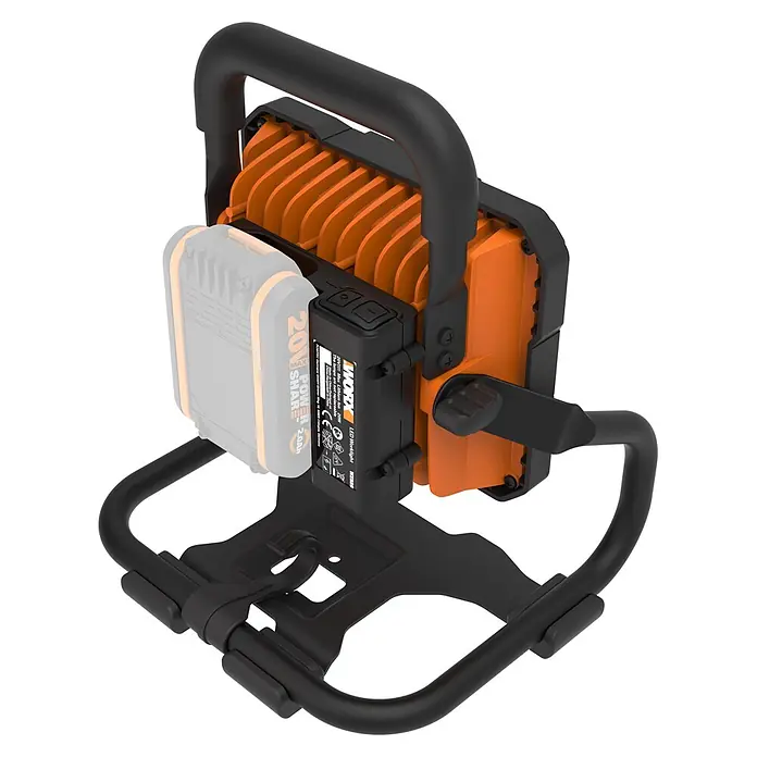 Worx PowerShare 20V LED-Arbeitsleuchte 20V WX026.9 - 1.500 lm, Akkubetrieben - Orange-schwarze WORX LED-Arbeitsleuchte mit Griff und Ständer. Akkubetrieben, tragbares Design.