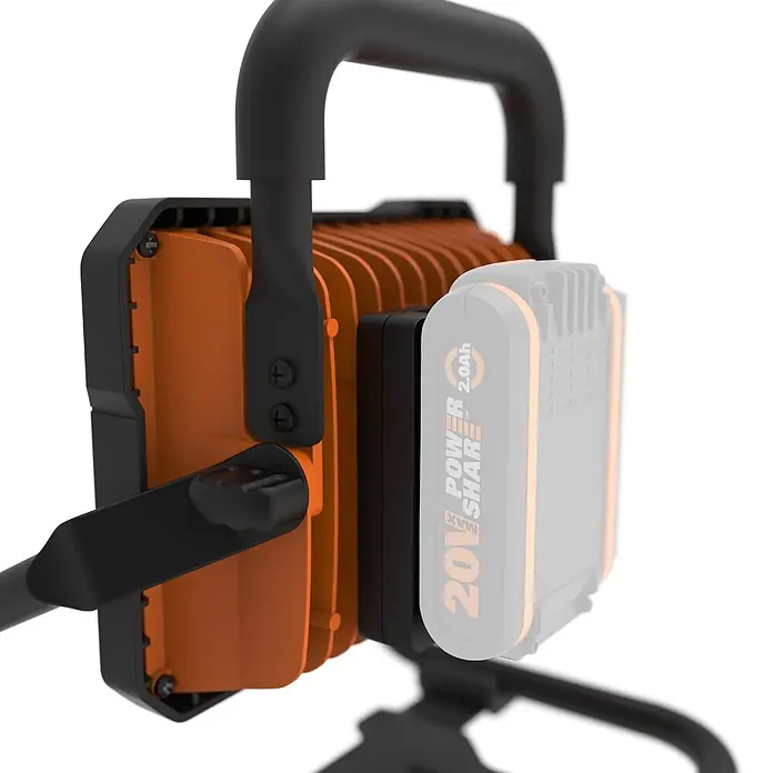 Worx PowerShare 20V LED-Arbeitsleuchte 20V WX026.9 - 1.500 lm, Akkubetrieben - Orange-schwarze, tragbare Arbeitsleuchte mit Akku, Griff und Standfuß.