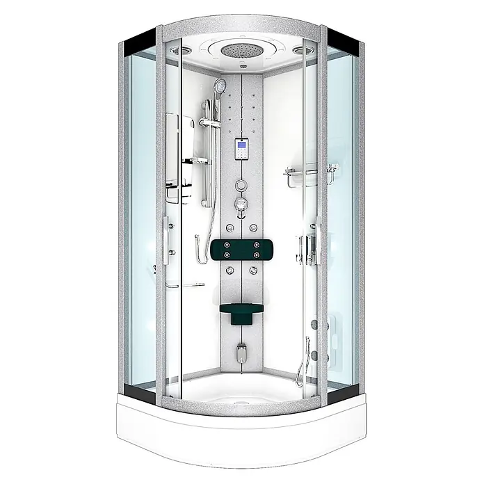 AcquaVapore Komplettdusche Dampfdusche D46-50T2 - 90 x 90 x 225 cm, Weiß - Moderne Eckduschkabine mit grauem Strukturrahmen, Klarglastüren, Regendusche, Handbrause, Massagedüsen und integriertem Sitz.