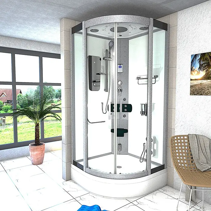AcquaVapore Komplettdusche Dampfdusche D46-50T2 - 90 x 90 x 225 cm, Weiß - Moderne Eckduschkabine mit Glaspaneelen, silbergrauem Rahmen und integrierten Multifunktionsmerkmalen, in einem hellen Badezimmer.