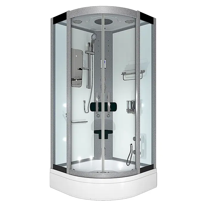 AcquaVapore Komplettdusche Dampfdusche D46-50T2 - 90 x 90 x 225 cm, Weiß - Eck-Dampfduschkabine mit weißem Sockel, grauem Rahmen, Klarglasscheiben und mehreren Duschfunktionen.