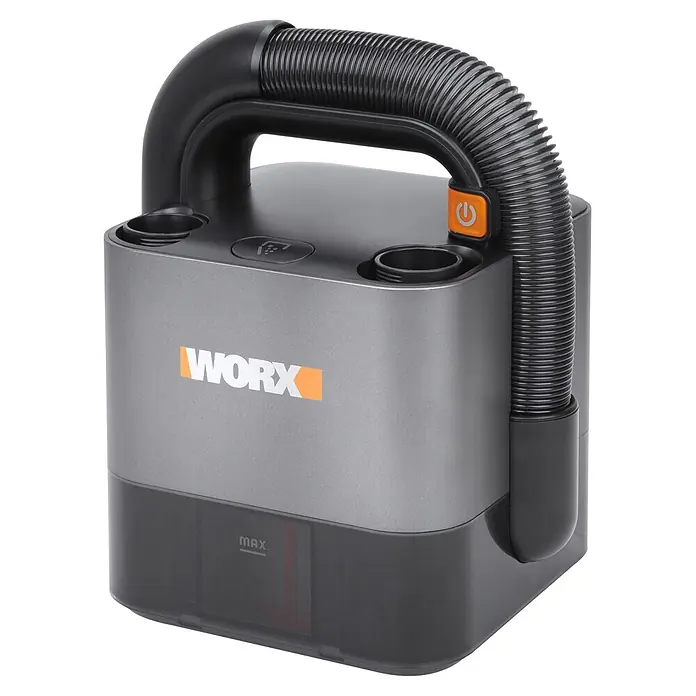 Worx PowerShare 20V Akku-Handstaubsauger WX030.9 - 20 V - Kompakter grau-schwarzer Worx Handstaubsauger mit flexiblem Schlauch, orangefarbenem Einschaltknopf und transparentem Staubbehälter mit MAX-Anzeige.