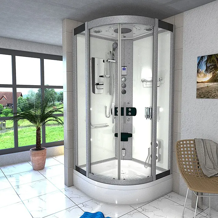 AcquaVapore Komplettdusche Dampfdusche D46-60T3-EC - 100 x 100 x 225 cm, Weiß - Moderne graue und weiße Eckduschkabine mit luxuriösem Design, mehreren Düsen und eingebautem Sitz, in einem geräumigen Badezimmer.