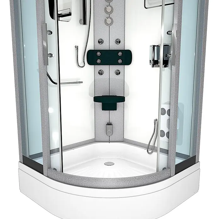 AcquaVapore Komplettdusche Dampfdusche D46-60T3-EC - 100 x 100 x 225 cm, Weiß - Eckduschkabine mit Klarglas-/Mattglasscheiben, grauen Texturrahmen, weißem Unterbau, internen Düsen und dunkelgrünem Sitz.