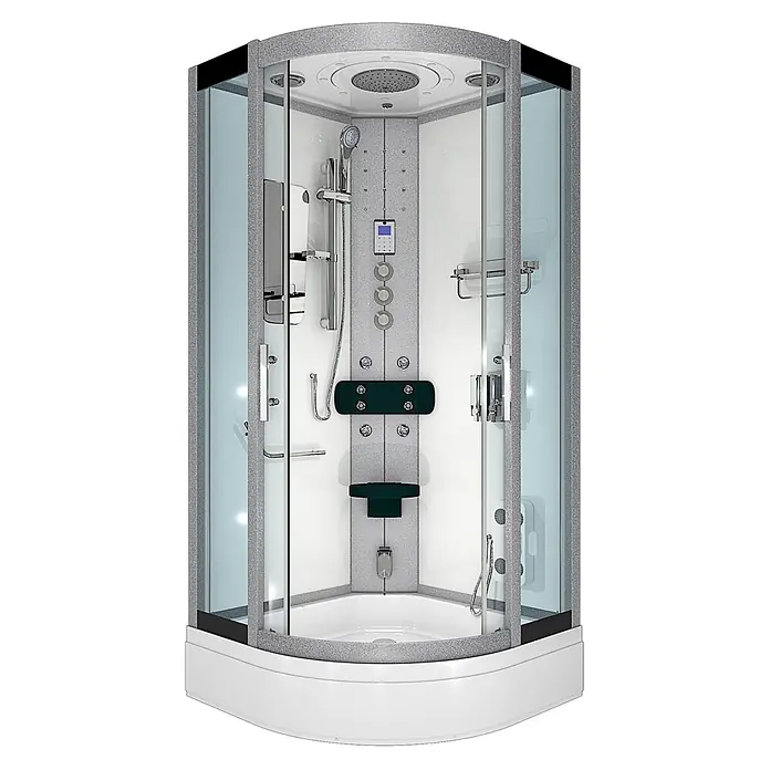 AcquaVapore Komplettdusche Dampfdusche D46-60T3-EC - 100 x 100 x 225 cm, Weiß - Eckduschkabine mit Glaspaneelen, grau gesprenkeltem Rahmen, weißer Basis, Regendusche, Handbrause, Massagedüsen und Sitz.