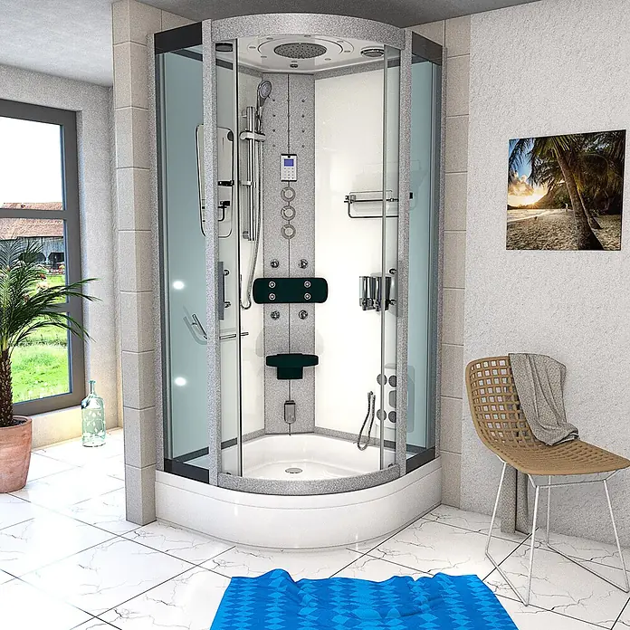 AcquaVapore Komplettdusche Dampfdusche D46-60T3-EC - 100 x 100 x 225 cm, Weiß - Moderne Eckduschkabine mit grau gesprenkeltem Rahmen, Glaswänden, Regendusche, Handbrause, Massagedüsen, Sitz und Bedienfeld.