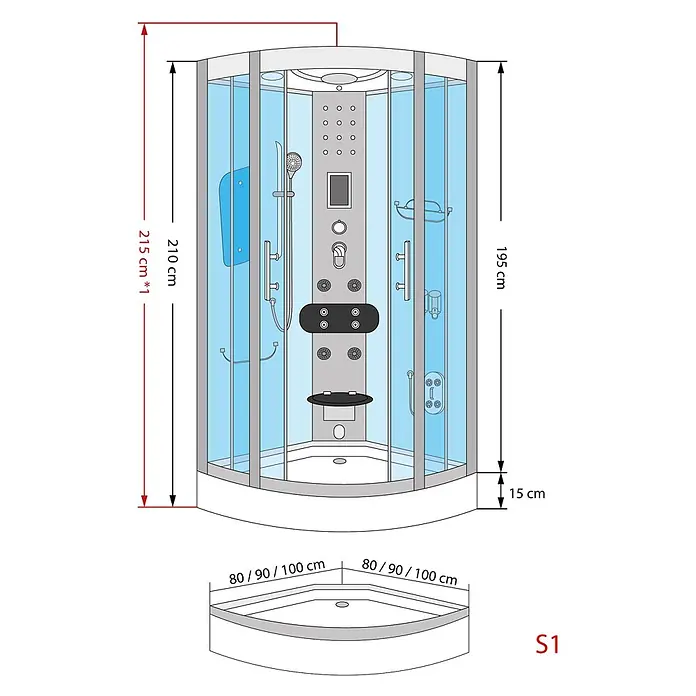 AcquaVapore Komplettdusche Dampfdusche D58-03M2 - 80 x 80 x 215 cm, Schwarz - Eck-Duschkabine mit Klarglas, grauem Rahmen und weißer Basis. Höhe 215 cm, Breite 80/90/100 cm. Wannenhöhe 15 cm.