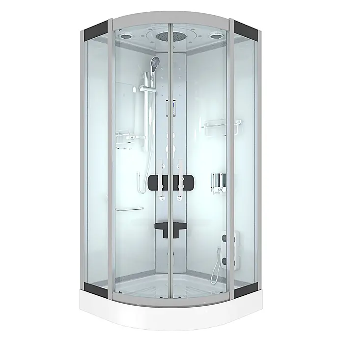 AcquaVapore Komplettdusche Dampfdusche D46-00T2 - 80 x 80 x 215 cm, Weiß - Moderne Viertelkreis-Duschkabine mit Klarglas, weißem Sockel, grauem Rahmen, Kopf- und Handbrause, Massagedüsen und Sitz.
