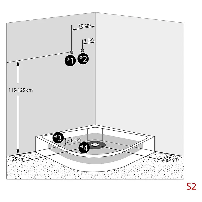 AcquaVapore Komplettdusche Fertigdusche D10-20M1-EC - 100 x 100 x 215 cm, Weiß - Installationsschema für Dusche mit Maßen für Mischeranschlüsse (115-125cm Höhe) und Duschwanne mit Ablauf.