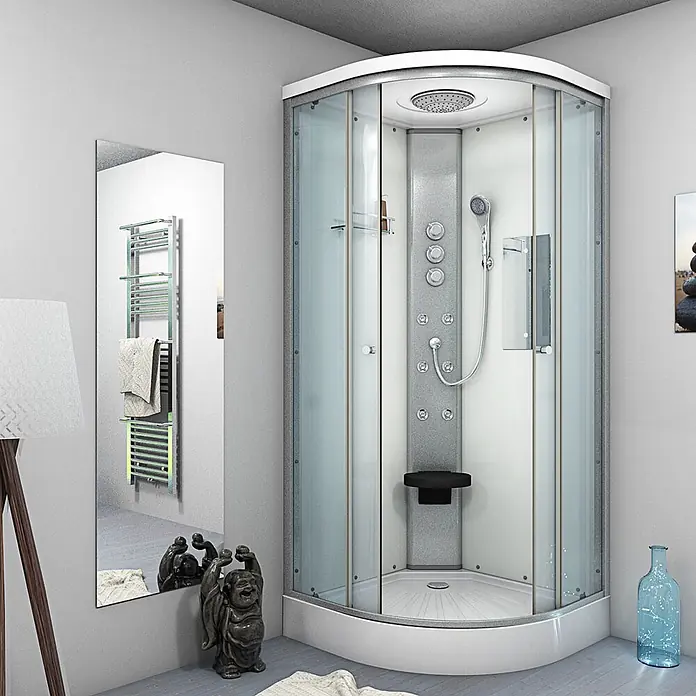 AcquaVapore Komplettdusche Fertigdusche D10-20T1-EC - 100 x 100 x 215 cm, Weiß - Moderne Eckduschkabine mit Glaspaneelen, Regendusche, Handbrause, Massagedüsen und Klappsitz.