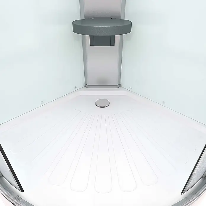 AcquaVapore Komplettdusche Fertigdusche D10-20T1-EC - 100 x 100 x 215 cm, Weiß - Weiße Eck-Duschwanne mit grauem Klappsitz und rutschfester Oberfläche.