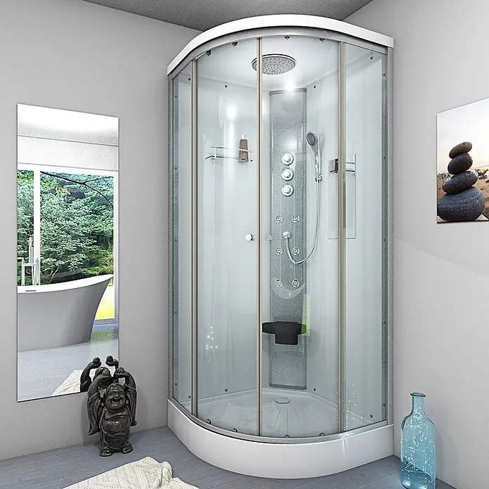 AcquaVapore Komplettdusche Fertigdusche D10-20T1-EC - 100 x 100 x 215 cm, Weiß - Eckduschkabine mit klaren Glastüren, weißem Boden und grauer Platte mit Regendusche, Handbrause, Massagedüsen und Klappsitz.